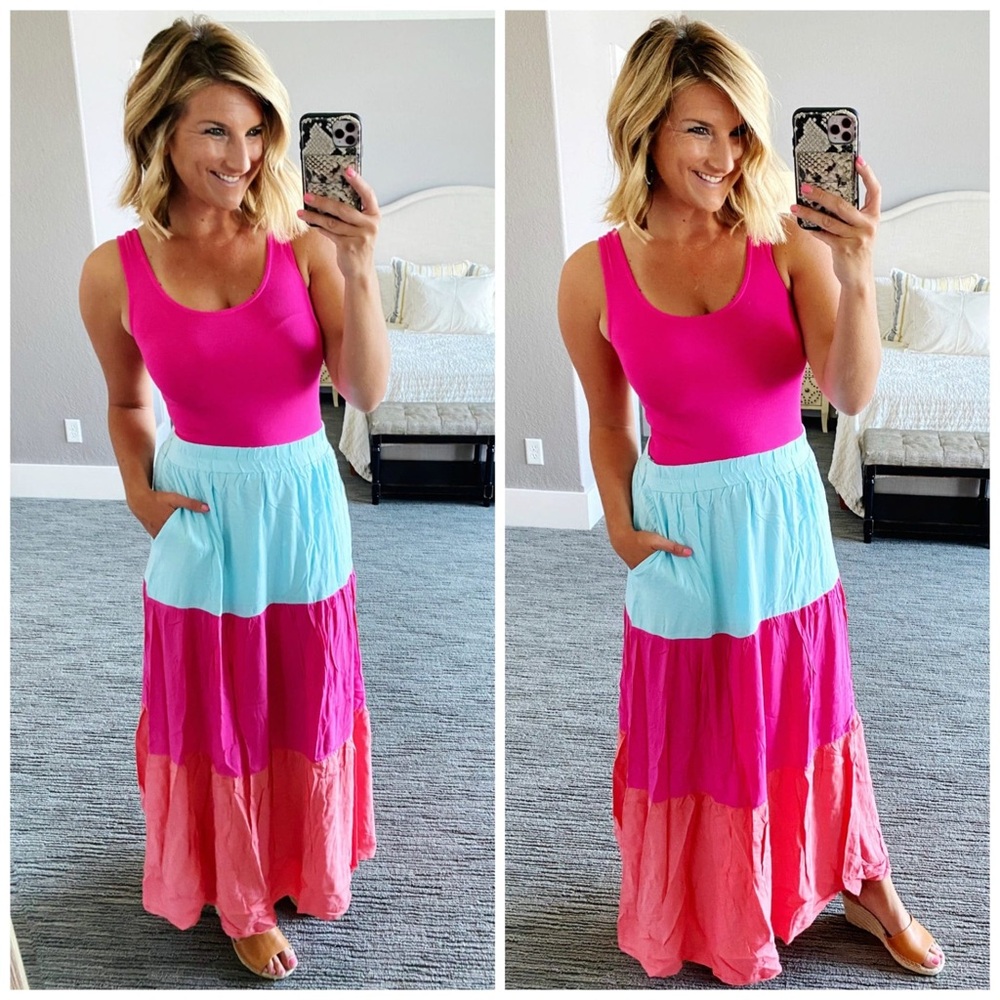 Gibson Colorblock Tiered Paradise Maxi Skirt Boho Beach Vibes - Picture 3 of 6